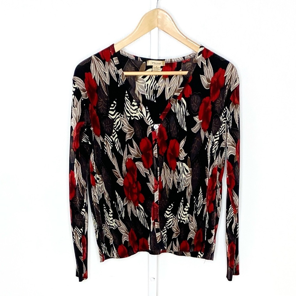 Vintage Y2K Plisse Crinkle Red/Black Floral/Zebra Print Soft Grunge Top Sz Sm